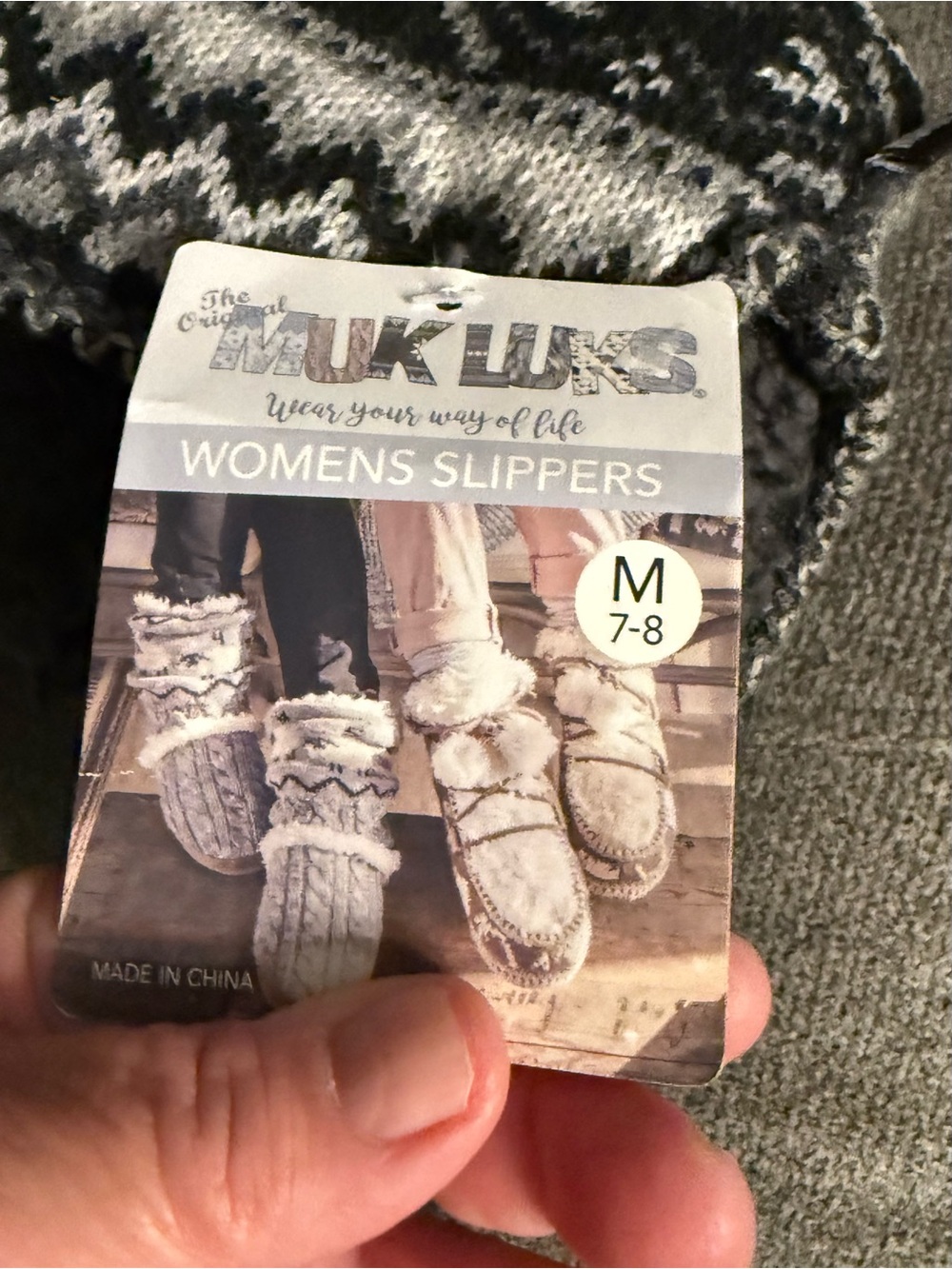Muk Luks Women's Gray Knit Bootie Slippers with Faux Fur Trim